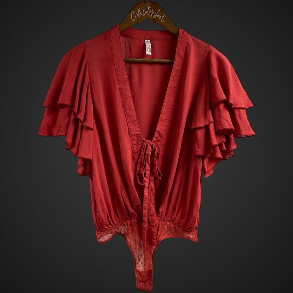 Free People Ruffle Sleeve Body Suit Top Tie Front XS Red Cha Cha - Picture 1 of 7